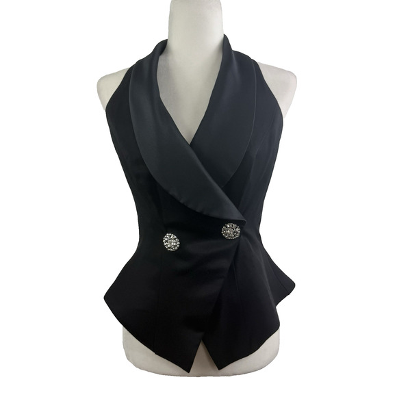 Vintage En Francais by Huey Waltzer Black Halter Vest Size 6 Evening Rhinestone - Picture 1 of 13
